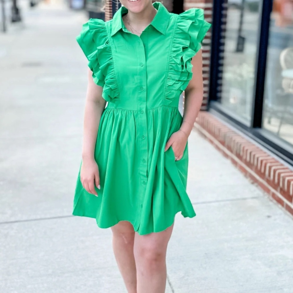 entro Bright Green Ruffle Sleeve Mini Shirt Dress